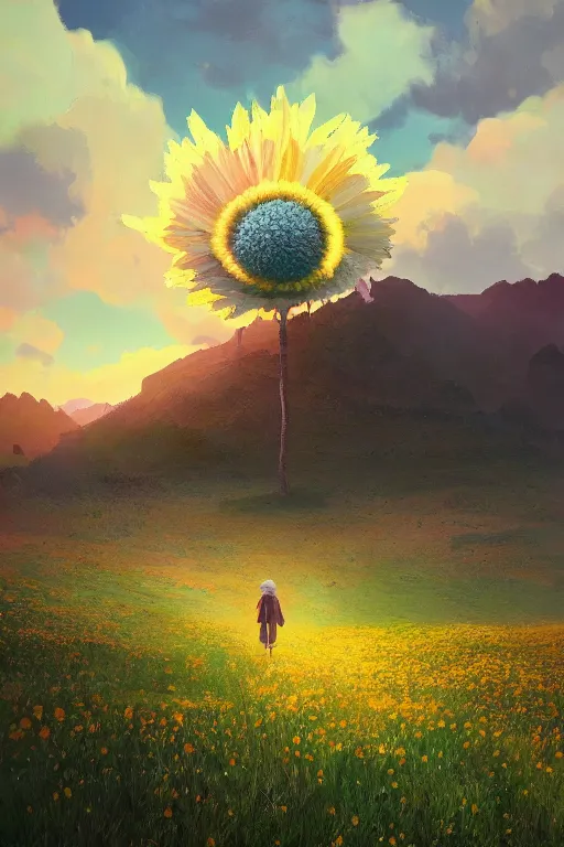 Prompt: giant daisy flower head, walking in the mountains, surreal photography, sunrise, dramatic light, impressionist painting, colorful clouds, digital painting, artstation, simon stalenhag