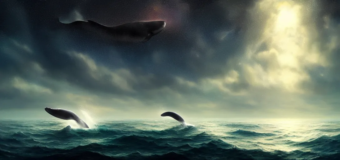 Image similar to a wide angle shot of a lonely whale flying, sea underneath, cosmic starry sky, concept art, trending on artstation, by andreas achenbach, artgerm, mikko lagerstedt, zack snyder, tokujin yoshioka