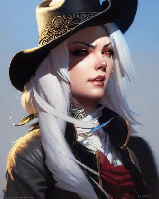 Prompt: ashe from overwatch, cowgirl, white hair, black hat, character portrait, portrait, close up, concept art, intricate details, highly detailed by greg rutkowski, michael whelan and gustave dore