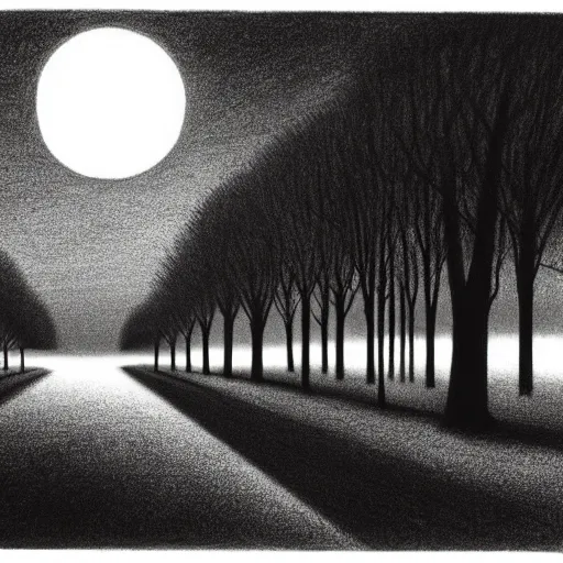 Image similar to charcoal drawing of rows of trees at night, the moon is seen between the trees, illustrated by chris van allsburg, illustration, masterful, volumetric light, subdued, subtle, greyscale