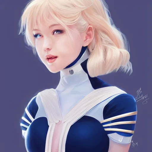 Image similar to a beautiful portrait of a beautiful cute kawaii superhero woman, blonde hair, matte navy - blue bodysuit, white cape, intricate, elegant, 8 k, highly detailed, digital painting, concept art, smooth, sharp focus, illustration, disney, anime, by artgerm and loish and wlop and alphonse mucha