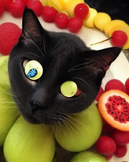 Image similar to a stunningly beautiful cat princess with googly eyes wearing fruit