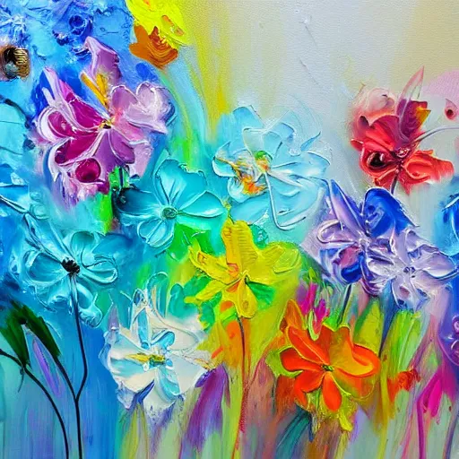 Prompt: flowers melting, pour painting, white canvas, vibrant colors
