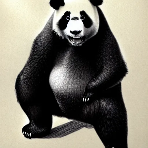 Image similar to muscular buff panda, highly detailed, pencil sketch