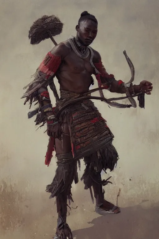 Prompt: a full body fantasty portrat, oil painting, illustration of an old African samurai, by Justin Sweet and Greg Rutkowski and Alphones Much