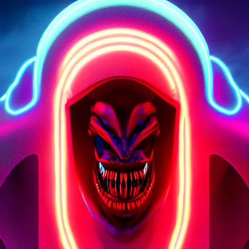 Image similar to synthwave demonic alien face with neon horns, detailed face, sharp focus, synthwave art, aesthetic, octane render, raw, cinematic