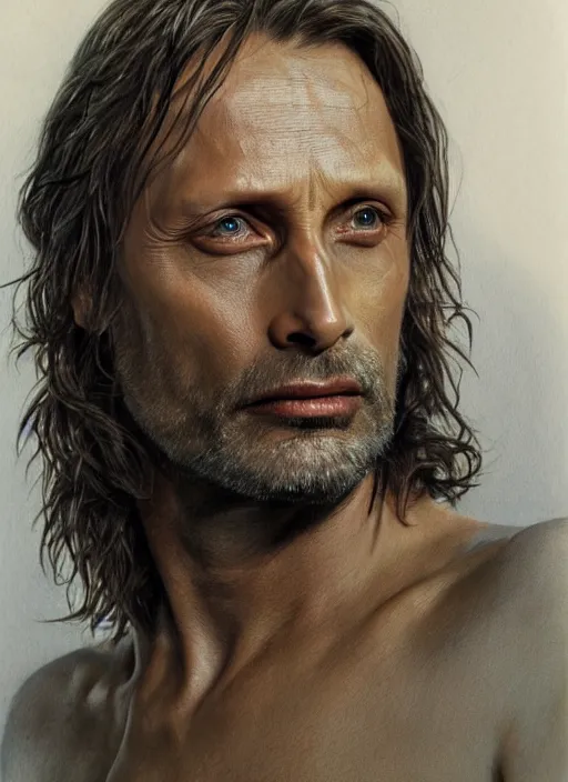 Image similar to Mads Mikkelsen as Aragorn by Alan Lee, medium shot, very detailed eyes, golden hour, concept art, detailed clothing, art station, oil painting