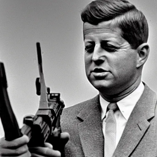 Prompt: John Kennedy holding a sniper and self aiming at the 1963 bombing, polaired