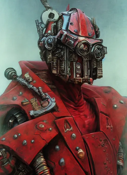 Image similar to portrait of rotten Nicolas Cage as adeptus mechanicus in red hood and robe from Warhammer 40000. Highly detailed, artstation, illustration by and John Blanche and zdislav beksinski and wayne barlowe