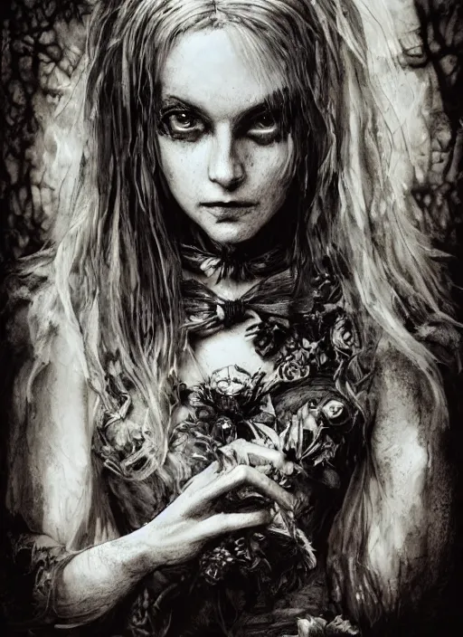 Prompt: portrait, Gothic Alice in Wonderland, watercolor, dramatic lighting, cinematic, establishing shot, extremely high detail, foto realistic, cinematic lighting, pen and ink, intricate line drawings, by Yoshitaka Amano, Ruan Jia, Kentaro Miura, Artgerm, post processed, concept art, artstation, matte painting, style by eddie mendoza, raphael lacoste, alex ross