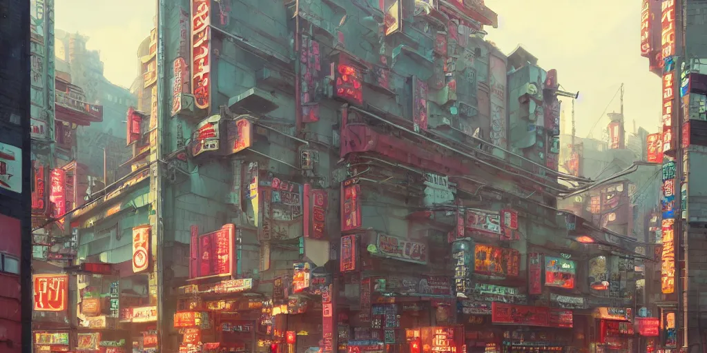 Image similar to A highly fantasy detailed matte painting of Buildings with Japanese Billboards and neonsigns by Studio Ghibli, Makoto Shinkai, by Artgerm, by WLOP, by Greg Rutkowski, volumetric lighting, octane render, 4K resolution, trending on artstation, masterpiece, simon stalenhag