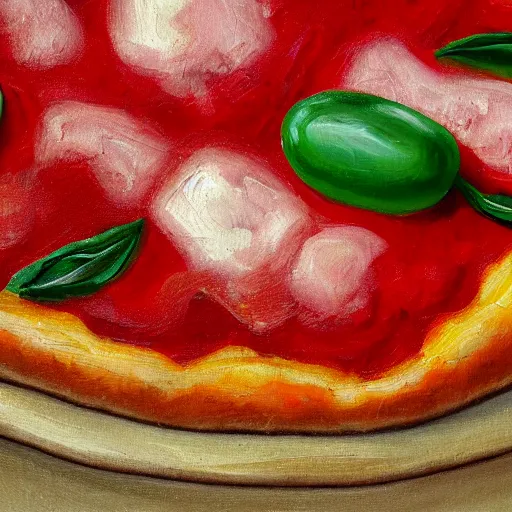 Prompt: an impasto oil painting of a pizza magherita, 4 k resolution, italy, white red and green color schemea