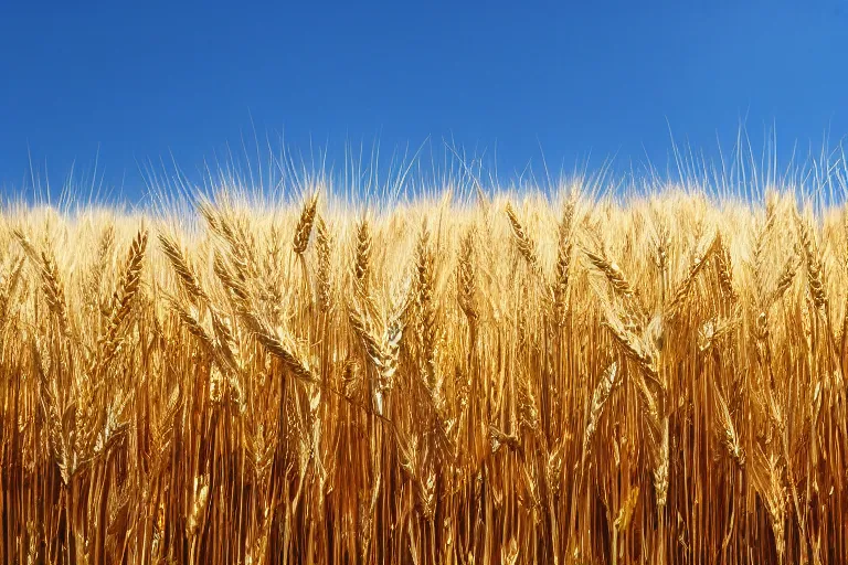 Image similar to photo with half a clear sky without clouds and half a yellow wheat field, hd, beautiful, perfect light, photorealism, highly detailed, symmetry