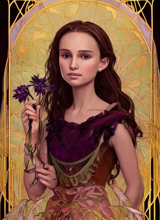 Image similar to well - lit art nouveau face portrait of a 1 3 - year old girl wih resembles natalie portman and emily browning holding a flower, natural lighting, path traced, highly detailed, high quality, cartoon, digital painting, by don bluth and ross tran and studio ghibli