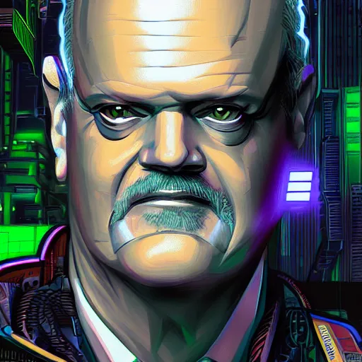 Image similar to cyberpunk kelsey grammer as the leader of a futuristic communist nation, cybernetics, sharp lines, digital, artstation, colored in