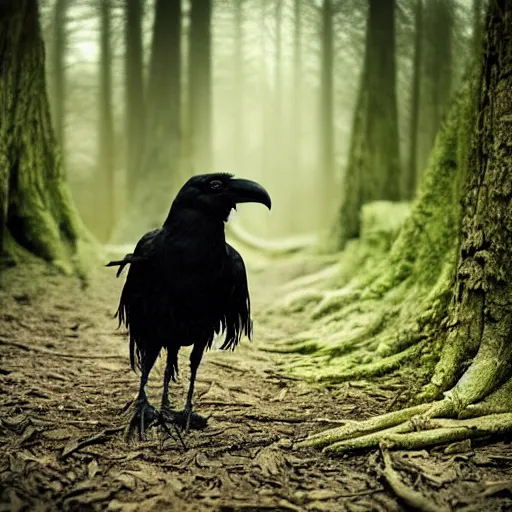 Image similar to werecreature consisting of a crow and a human, werecrow, photograph captured in a dark forest