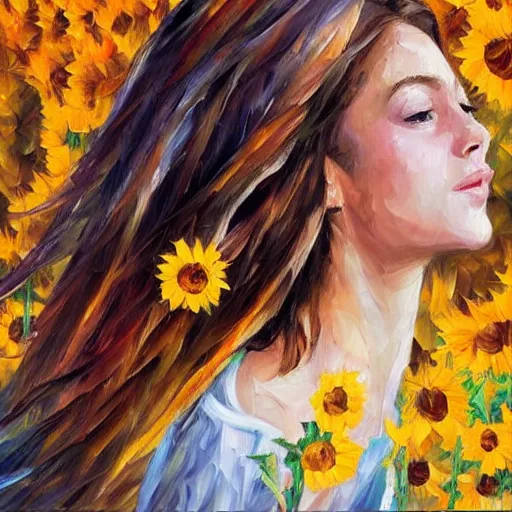 Prompt: a girl in amazing tall sunflower field, her hair flowing down, subtle, intricate details, real masterpiece, oil on canvas, by leonid afremov