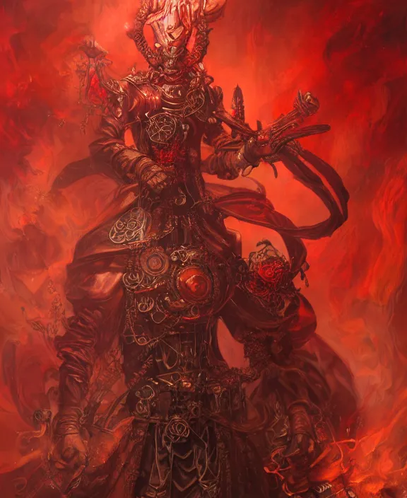 Image similar to a detailed character concept of a steampunk crystalline dark lord wreathed in red smoke by Moebius and Peter Mohrbacher, 4k resolution, photorealistic