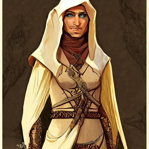 Image similar to Emeth the elven desert bandit. Arabian style. Epic portrait by james gurney and Alfonso mucha (lotr, witcher 3, dnd, dragon age, gladiator, scoia'tael). Practical light armor.