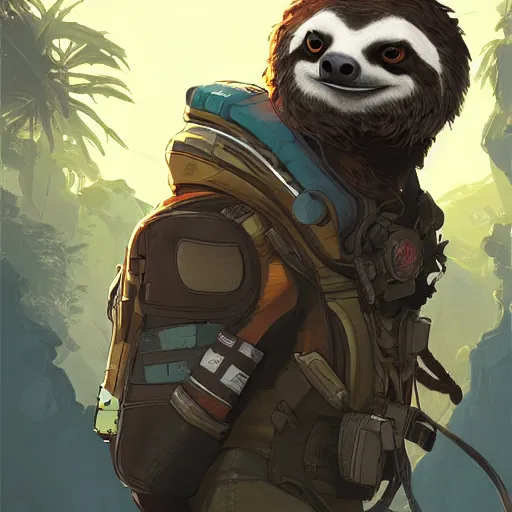 Image similar to lazy sloth as apex legends character, digital illustration portrait design, by android jones and greg rutkowski, retrowave color scheme, detailed, cinematic lighting, wide angle action dynamic portrait