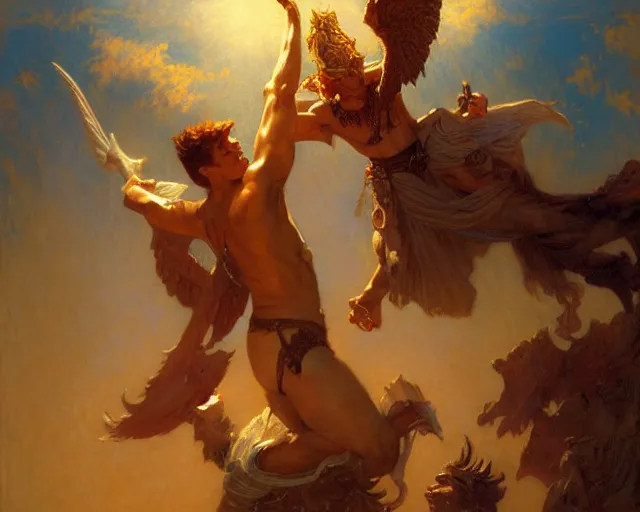 Image similar to attractive pagan male deity, summons handsome lucifer morning star. highly detailed painting by gaston bussiere, craig mullins, j. c. leyendecker 8 k