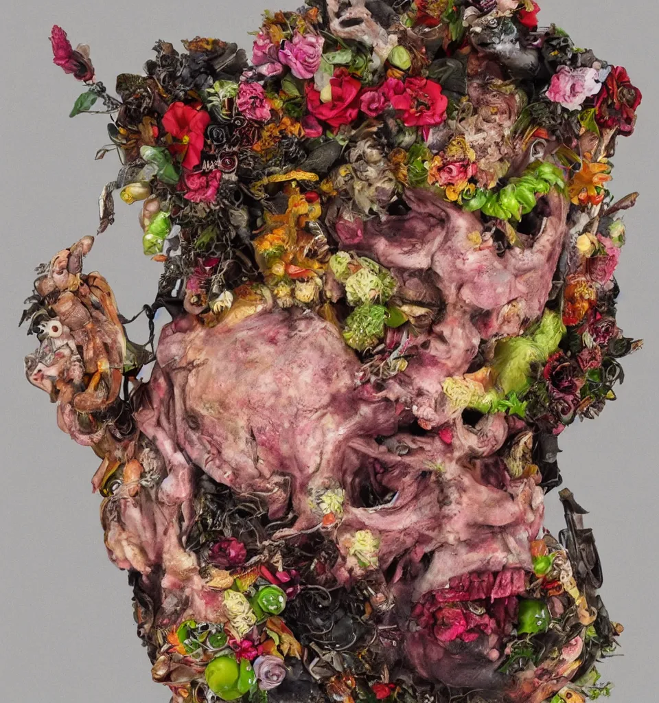 Image similar to portrait headshot of a zombie punk, head made of fruit and flowers in the style of arcimboldo, frank frazetta, photorealistic, dynamic lighting, action figure, clay sculpture, claymation, fine detail, soft pink background