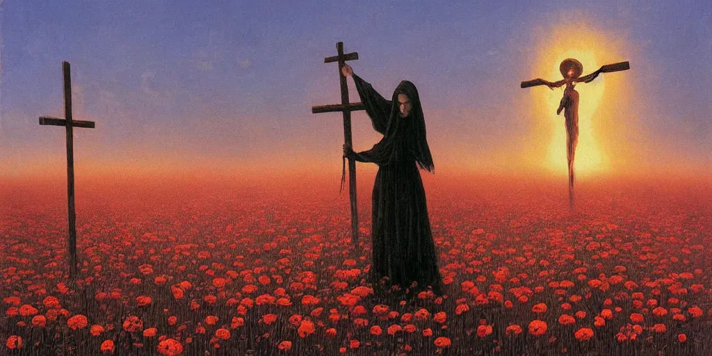 Prompt: a witch with a pumpkin head burning on a cross at sunset casting shadows across a field of flowers, beksinski, dariusz zawadzki