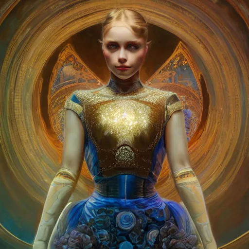 Image similar to hyperdetailed robotic ballerina with blue human eyes, human eyes, symetry, golden ratio, intricate, detailed, volumetric lighting, scenery, digital painting, highly detailed, artstation, sharp focus, illustration, artstation, art by artgerm and greg rutkowski and alphonse mucha