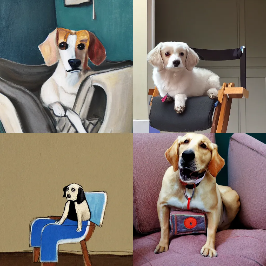 Prompt: dog sitting on chair by Grace Liu