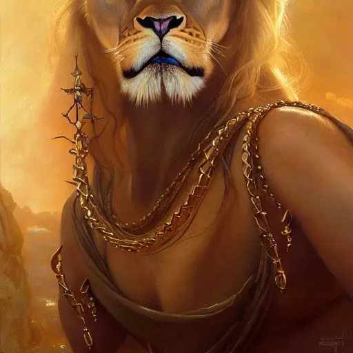 Image similar to highly detailed portrait of a majestic lioness queen in the form of a beautiful woman. d & d. art by donato giancola, eugene delacroix, ruan jia, bastien lecouffe - deharme. trending on artstation, intricate details, energetic composition, golden ratio, concept art, illustration, elegant art, global illuminaition