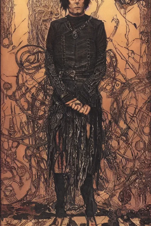 Image similar to full length portrait of made mikkelsen as a tattooed gothic punk by lawrence alma tadema and zdzislaw beksinski and norman rockwell and jack kirby and tom lovell and greg staples