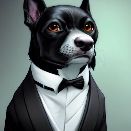 Image similar to an anthropomorphic dog wearing a tuxedo suit,Character design by charlie bowater, ross tran, artgerm, and makoto shinkai, detailed, inked, western comic book art, 2021 award winning painting,photorealistic,detailed face,professional lighting,studio photograph,hyperdetailed,deviantart,artstation