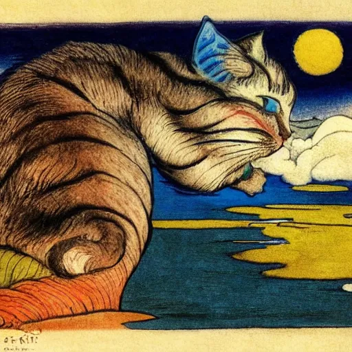 Image similar to model clay flowing rainbow cat by susan herbert and hiroshige ii and theophile steinlen and louis wain and min zhen and arthur rackham and pierre bonnard and bonnie mclean and wes wilson, 8 k, artstation
