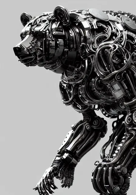 Prompt: complex 3 d render hyper detail portrait of a mechanical bear cyborg, sci fi, full body, intricate, art by kazuhiko nakamura and hajime sorayama, 8 k octane detailed render, post - processing, extremely hyperdetailed, intricate futuristic mechanic parts, maya, dark background, sharp focus, blender, cinematic lighting + masterpiece, trending on artstation