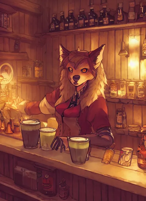 Image similar to anthro coyote fursona barmaid in a cozy tavern, hidari, color page, tankoban, 4K, tone mapping, Akihiko Yoshida.