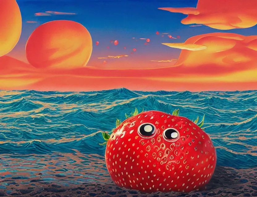 Prompt: a very detailed realistic oil painting with rough brush of a lazy red burned tomato with 1 0 googly eyes on a beach, big piles of strawberry icecream surfing into the sky, a sunset by james jean in japanese poster style