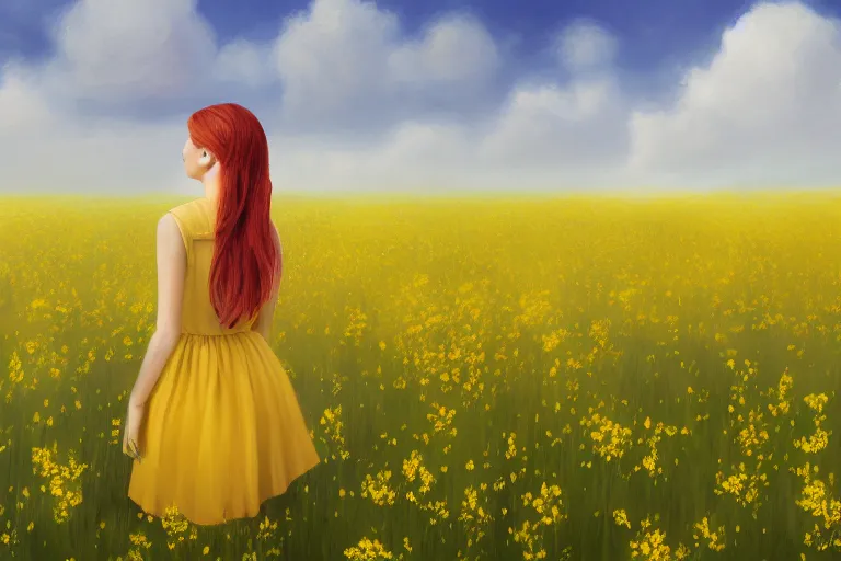 Prompt: a young girl stands alone in a field of yellow flowers, she is wearing a simple white dress, her red hair is pulled up in a ponytail, her face is serene, digital art, illustration, fantasy art, portrait, portrait painting, digital art, realistic, fine arts, digital, detail, image, picture, realistic