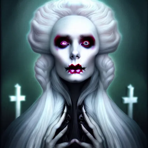 Image similar to goddess of death in a cemetary, white hair, bright, cool colors, digital painting, surrealism, by natalie shau