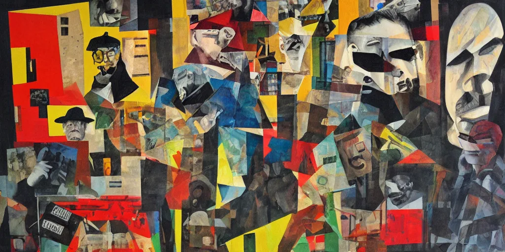 Image similar to bank robbery collage, acrylic on canvas, expressionism movement, breathtaking detailed, by blake neubert