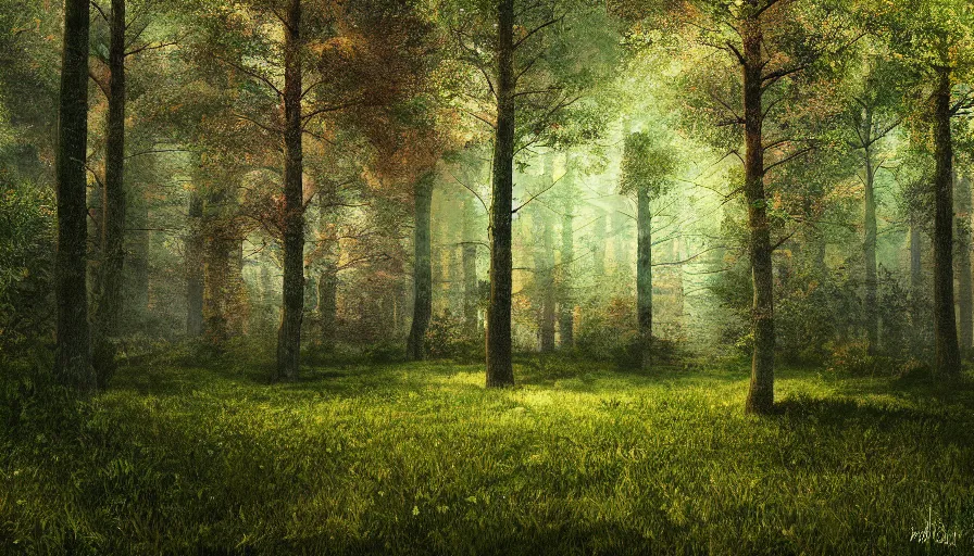 Image similar to a clearing in a forest, digital art, highly detailed, realistic, bright colors, 8 k