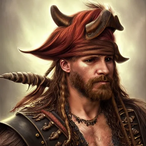 Image similar to portrait of a boar pirate with tusks, male, handsome, masculine, full body, red hair, long hair, soft hair, fantasy, intricate, elegant, highly detailed, steampunk, airship, digital painting, artstation, concept art, character art, smooth, sharp focus, illustration, art by artgerm and greg rutkowski and alphonse mucha