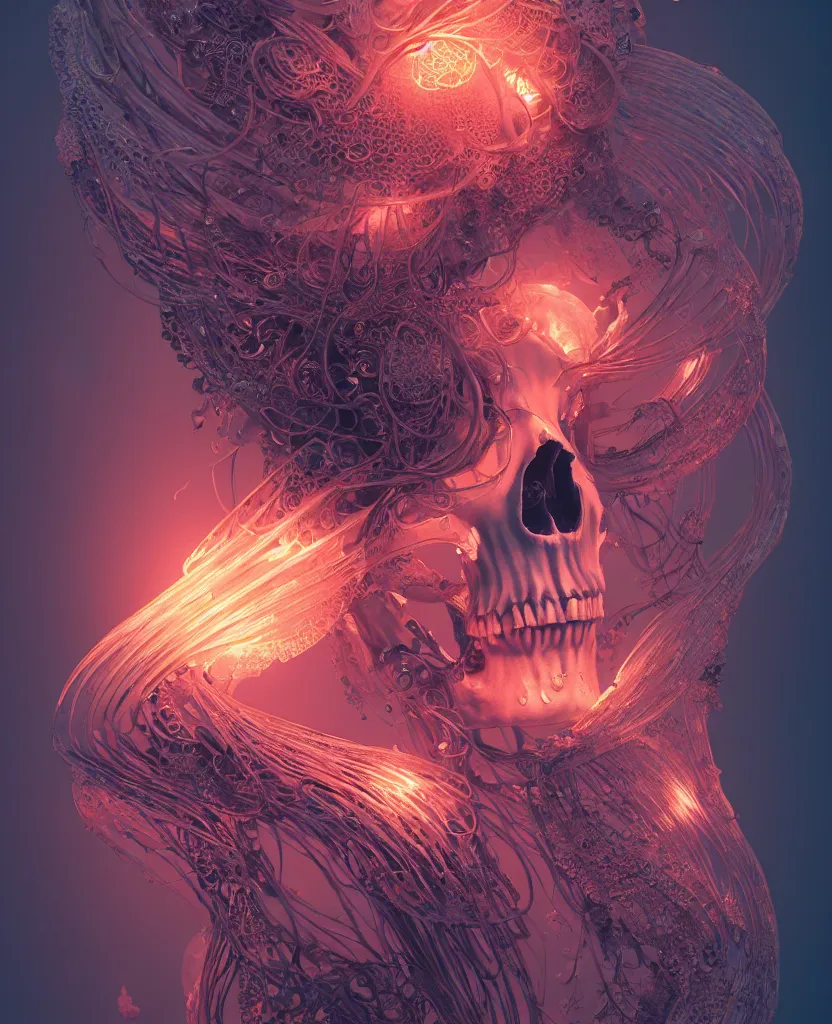 Prompt: goddess portrait skull. jellyfish butterfly phoenix head. bio-mechanical bio-luminescence, intricate artwork by Tooth Wu and wlop and beeple. octane render, trending on artstation, greg rutkowski very coherent symmetrical artwork. cinematic, hyper realism, high detail, octane render, 8k