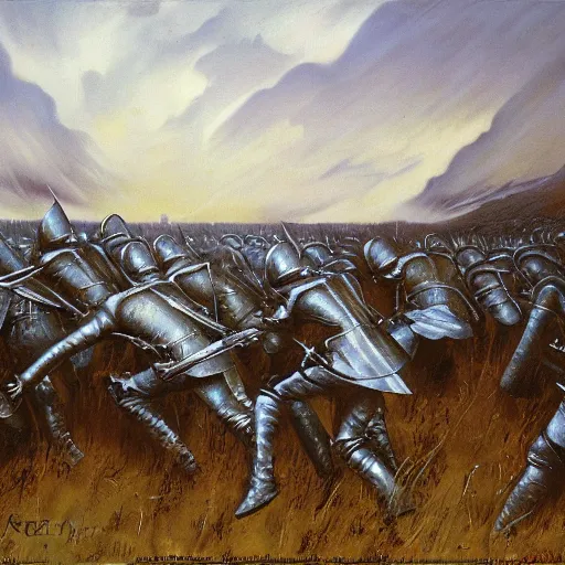 Image similar to oil painting of a ground covered in medieval silver soldier corpses, war, storm dawn, by Frank Frazetta, by Georgia O Keeffe sfumato, realistic