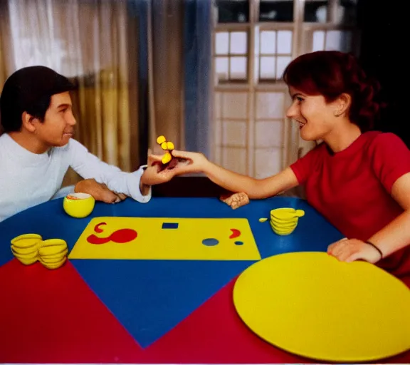 Prompt: color photo still of pac - man and ms pac - man, realistic at the breakfast table