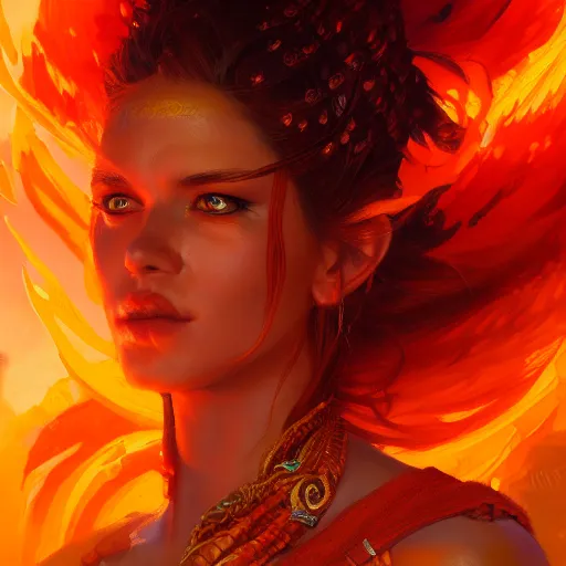 Image similar to a beautiful portrait of a fire goddess, flaming background, a detailed painting by greg rutkowski and raymond swanland, featured on cgsociety, fantasy art, detailed painting, artstation hd, photorealistic