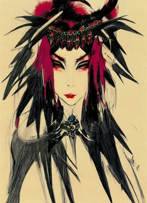 Image similar to mighty female korean vampiress, jeweled headdress, heavy mascara, strong line, saturated color, beautiful! coherent! by frank frazetta, high contrast, minimalism