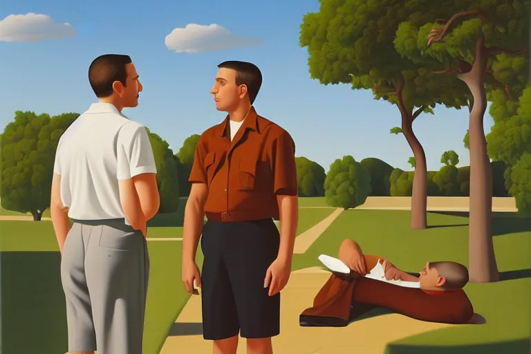 Image similar to two men talking, summer afternoon, kenton nelson