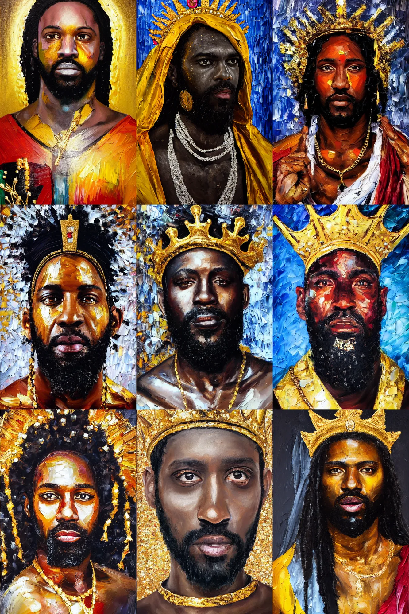 Prompt: palette knife oil painting portrait of black jesus -, a king - with gold crown with diamonds and rubies, man in mafia wear and australian aboriginal body paint, concrete balcony, nightclub, artstation trending, artgerm, any racial background, deviant art, hipster, octane, substance, art history 8 k