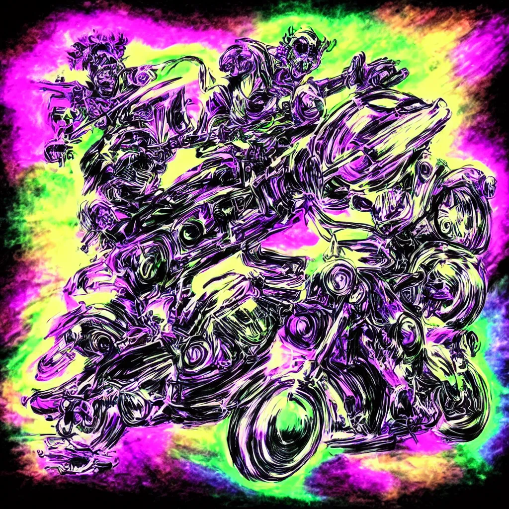 Image similar to psychedelic blacklight airbrush artwork, hyper stylized action shot of an orc biker riding a motorcycle, airbrushed on a black background