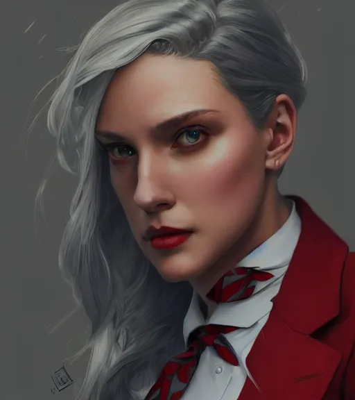 Prompt: a girl wearing a business suit, grey hair, red necktie, cinematic, stunning, highly detailed, digital painting, artstation, smooth, hard focus, full body shot, illustration, art by artgerm and greg rutkowski and alphonse mucha